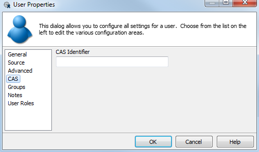 CAS screen of the User Properties dialog with the CAS Identifier field.